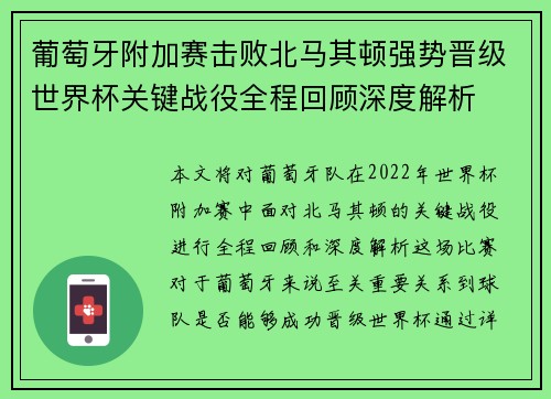 葡萄牙附加赛击败北马其顿强势晋级世界杯关键战役全程回顾深度解析