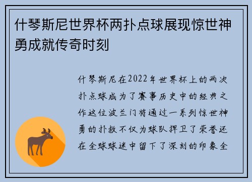 什琴斯尼世界杯两扑点球展现惊世神勇成就传奇时刻